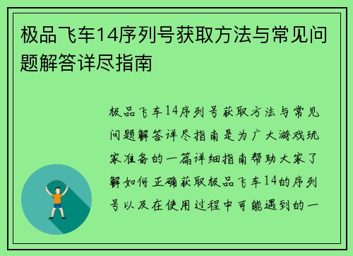 极品飞车14序列号获取方法与常见问题解答详尽指南
